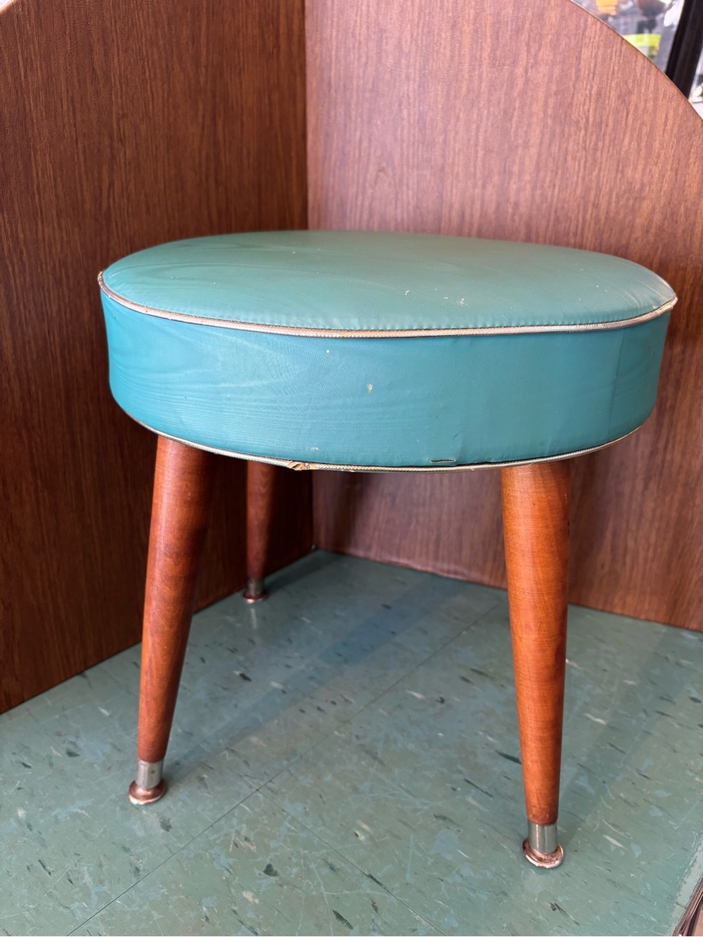 Vintage foot stool aqua blue round retro mcm mid century